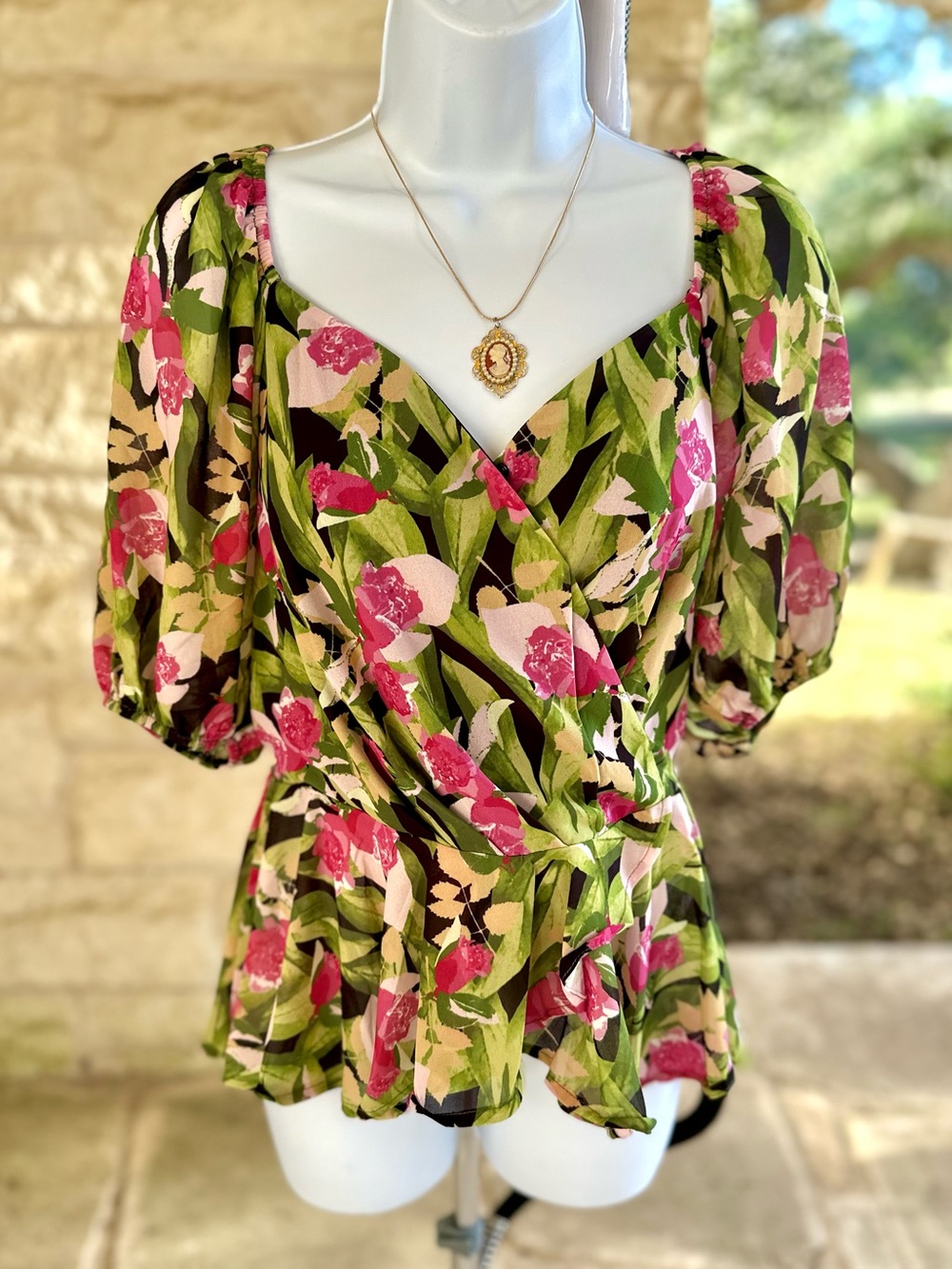 Flying Tomato Floral Faux Wrap Top in Pink & Green - Picture 3 of 11